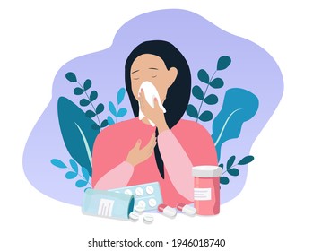 vector flat illustration on the theme of seasonal allergies, a young girl blows her nose into a paper handkerchief, next to flowers and medicines. antihistamines, allergies, runny nose.