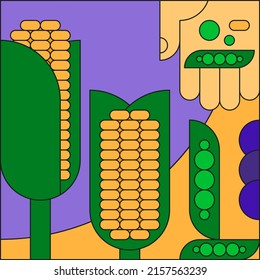 Vector flat illustration on the theme of agriculture, vegetable growing. Stylized symbols of corn and green peas, icon for farming. Hand holding legume fruits. Trendy postcard from geometric shapes