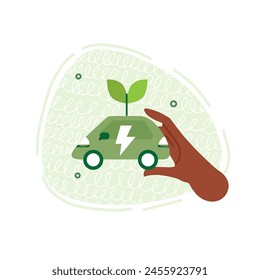 Vector flat illustration on the theme of energy. A hand holds a car that runs on biofuel.