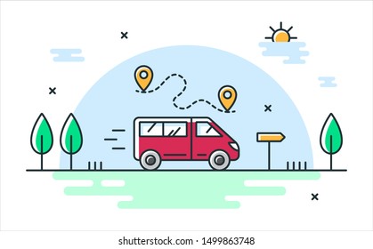 Vector flat illustration on the topic of logistics, transportation and travel with a minibus driving on the road. Linear style icon.