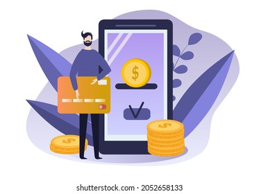 vector  flat illustration on the topic of online payment through a smartphone.
 A large smartphone, on the screen of which a successful operation.
 nearby - a man holding a large credit card.
