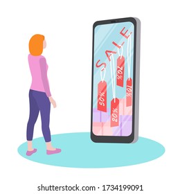 vector flat illustration on a white background a girl stands near a smartphone on the screen of which online sale and discounts