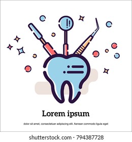 Vector flat illustration on white background in cartoon style. Tooth and dental instruments and equipment. Mirror with tweezers