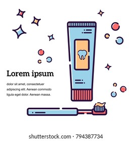 Vector flat illustration on white background in cartoon style. Hygiene items toothpaste and toothbrush. Morning and evening ritual