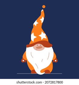 Vector flat illustration with one Christmas gnome on blue background.