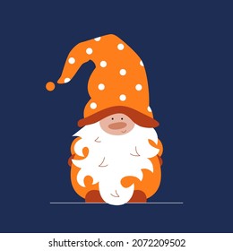 Vector flat illustration with one orange Christmas gnome on blue background.