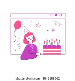 Vector flat illustration of online birthday. A girl with birthday cake on screen of video conference.