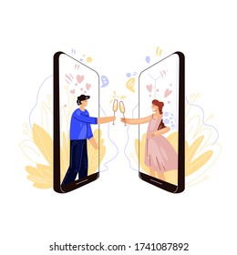 Vector flat illustration of online dating industry. Happy man and woman, clink glasses of wine or champagne, having romantic remote evening and date. Virtual love and date concept.