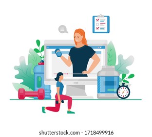 Vector flat illustration of online fitness. Cartoon active woman character training and coaching for sport activity. Concept of fitness web blog workout