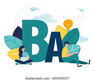 Vector flat illustration, online learning foreign languages, girl and boy for gadgets learn languages, online study through the website, communication with foreigners via the Internet