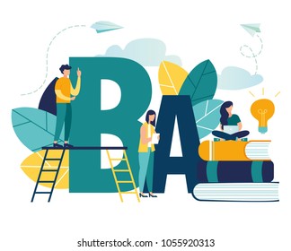 Vector flat illustration, online learning foreign languages, girl and boy for gadgets learn languages, online study through the website, communication with foreigners via the Internet