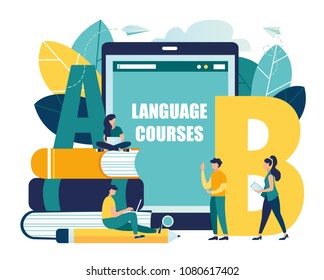 Vector flat illustration, online learning foreign languages, girl and boy for gadgets learn languages, online study through the website, communication with foreigners via the Internet vector