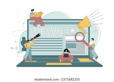 Vector flat illustration. Online news, news, information about events, announcements. Little people learn news using gadgets