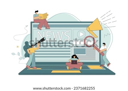 Vector flat illustration. Online news, news, information about events, announcements. Little people learn news using gadgets