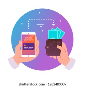 Vector flat illustration for online payments and transaction with human hand holding smartphone with credit card on its screen and wallet with cash. Perfect for mobile app banner, landing page design.