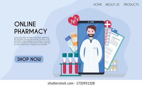 Vector flat illustration for online pharmacy landing page. Pharmacist consultation via smartphone with medicine pills, vitamines bottle, tablets, blood, patient card. Concept of drugstore order