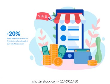 Vector Flat Illustration, Online Shopping, Buying And Selling, For Web Page, Banner, Presentation, Social Media, Documents, Cards, Posters. Receiving A Check Through The Phone, Online Store.  