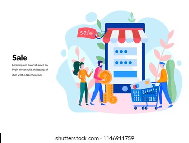 Vector flat illustration, online shopping, buying and selling, for web page, banner, presentation, social media, documents, cards, posters. 
receiving a check through the phone, online store.  