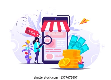 	
Vector flat illustration, online shopping, buying and selling, for web page, banner, presentation, social media, documents, cards, posters. \nreceiving a check through the phone, online store. 
