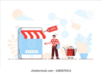 Vector flat illustration, online shopping, buying and selling, for web page, banner, presentation, social media, documents, cards, posters. \nreceiving a check through the phone, online store. 