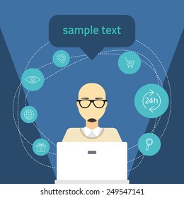 Vector flat illustration. Online shopping concept. Man with computer and shopping icons