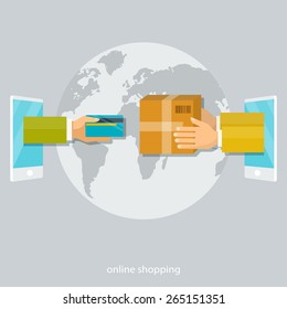 Vector flat illustration. Online shopping , e-commerce concepts, payment with card, delivery service.