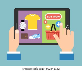 Vector flat illustration. Online shopping e-commerce concept. 
Using tablet for online shopping