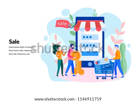 Vector flat illustration, online shopping, buying and selling, for web page, banner, presentation, social media, documents, cards, posters. 
receiving a check through the phone, online store.  