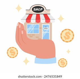 Vector flat illustration. Online store concept. Image of the store on the palm of your hand.