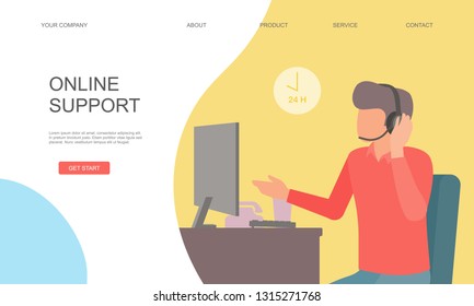 Vector flat illustration of online support. male hotline operator advises client. online service 24 hours. Can use for web banner, background, book, infographics, landing page - hero images. 