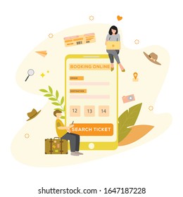 Vector ilustración plana de la compra de entradas en línea a través de portátiles y teléfonos para las caricaturas de vacaciones es adecuado para fondos, tarjetas, fondos de pantalla, banners, portadas, empresas, carteles, plantillas, volantes.