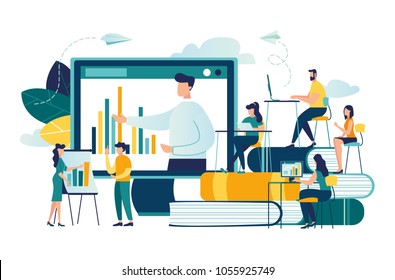 Vector flat illustration, online training courses for employees, training skills enhancement, people sit at a conference and look at the big screen, the analysis of infographics