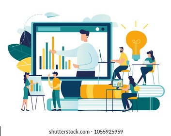 Vector flat illustration, online training courses for employees, training skills enhancement, people sit at a conference and look at the big screen, the analysis of infographics