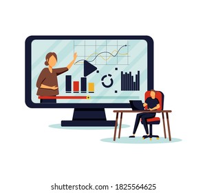 Vector flat illustration, online training courses for employees, training skills enhancement, people sit at a conference and look at the big screen, the analysis of infographics