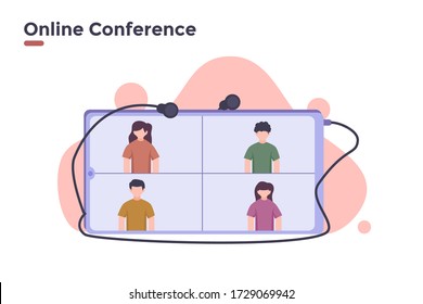 vector flat illustration online video conference meeting with smartphone mobile application technology. webinar video streaming concept education business, work from home. banner web poster design. 