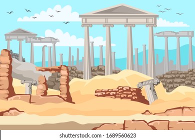 Vector Flat Illustration Of Open Air Museum Of Ancient Greece. Antique Marble Columns, Old Ruin Of Greek City Or Roman Empire Historical Architecture. Background For Web Pages, Mobile App And Games