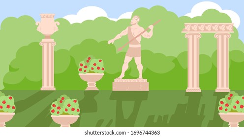 Vector flat illustration of open air museum of ancient Greece. Green summer park with an antique statue, Greek ionic column, old vase and flowerpots. Background for web pages, mobile app and games