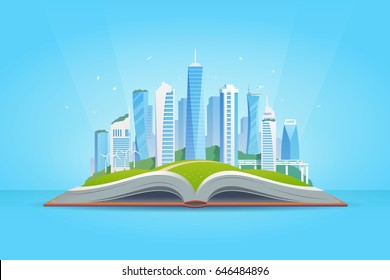 Vector Flat Illustration. Open Book With Smart City. Modern Buildings. Green City.