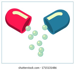 Vektorillustration flache Illustration mit offenen Kapseltabletten und Medizin im Inneren. Stilvolle Zeichnung für Logo-Design, Dekorationsbekleidung, 2D-Spiele oder Postkarten. Einzige Stockillustration auf weißem Hintergrund.