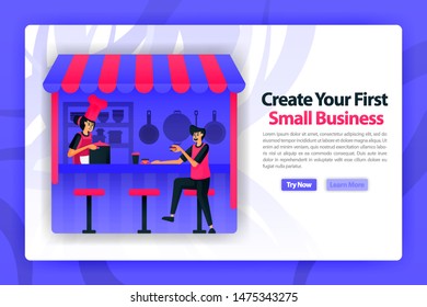vector flat illustration of opening a food stall or small medium business. customer and chef started to become entrepreneur or startup founder. can use for landing page, website, web, homepage, mobile