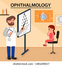 Vector Flat Illustration Ophthalmology Lettering. Banner on Beige Background. Doctors Office Little Girl Sits on Chair and Looks Stand with Letters Young Doctor with Pointer Checks Eyesight Child.