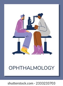 Vektorflache Illustration der Optometrie, Diagnose der Augenheilkunde, Korrektur des Sehvermögens auf weißem Hintergrund. Ophthalmologe überprüft die Sehkraft seines Patienten mithilfe der Augenmikroskoptestmaschine.