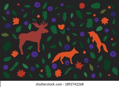 Vector flat illustration. Orange foxes and moose are in taiga forest with flowers, blueberries and green plants. Dark grey background. Protection of wildlife, conservation of biodiversity on planet