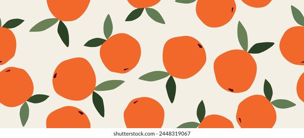 Vector flat illustration. Orange with leaves on a light background. Seamless background for your design. Ideal for advertising, packaging, textiles or posters.