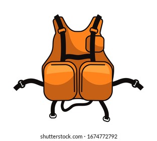 Vector flat illustration of orange life vest  jacket isolated on white background. Safety equipment for insurance and rescue operations on water, water tourism and leisure, kayaking, rafting, fishing