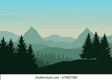 Vector flat illustration of a panoramic mountain landscape with a forest under the sky with dawn