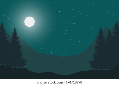 Vector flat illustration of a panoramic night mountain landscape with a wood under the sky with moon and stars with space for text