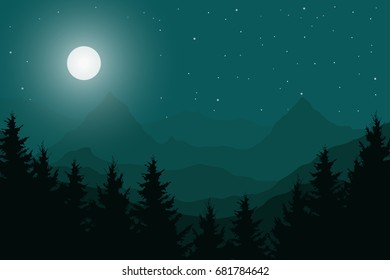 Vector flat illustration of a panoramic night mountain landscape with a wood under the night sky with moon and stars with space for text