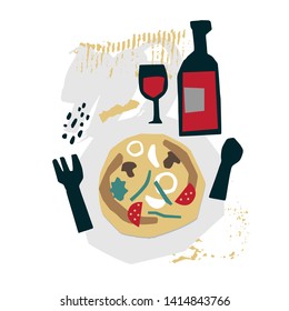 Vector flat illustration in paper cut style. Dish with Italian pizza, wine. Sign, emblem for the cafe, a poster, postcards. Vector illustration, isolated background. Ilustration for branding