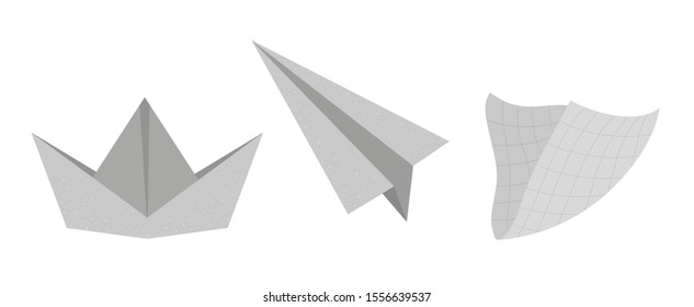 Vector flat illustration of paper ship, plane and serviette. Trendy textured origami clip art isolated on white background